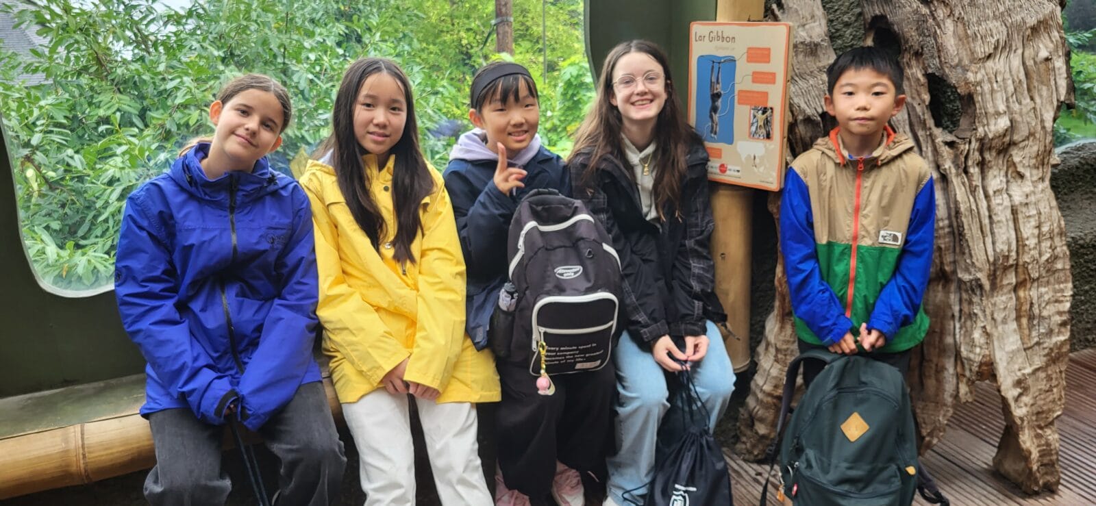 Four girls and a boy wearing raincoats and smiling during a trip to the zoo