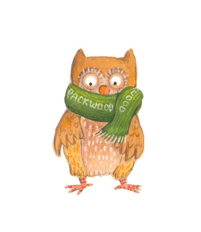 Owl character wearing Packwood branded scarf
