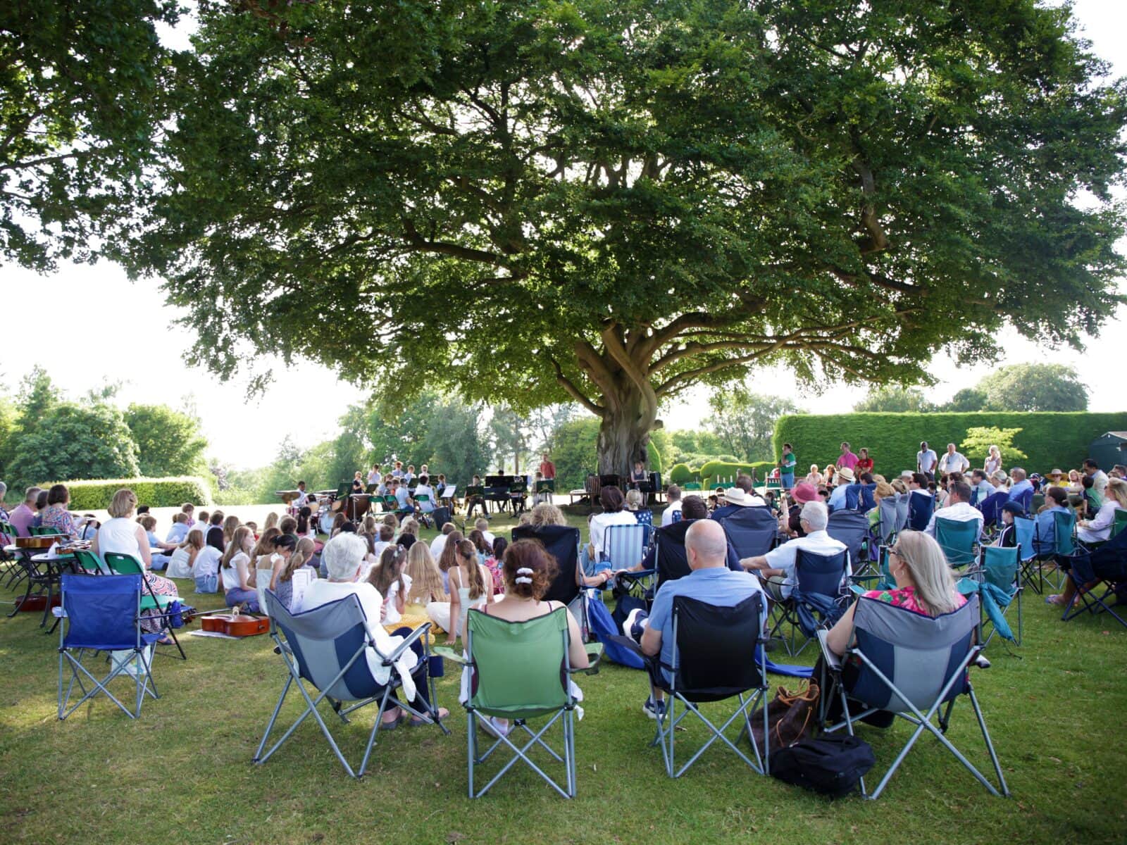 Children playing musical instruments in outdoor setting